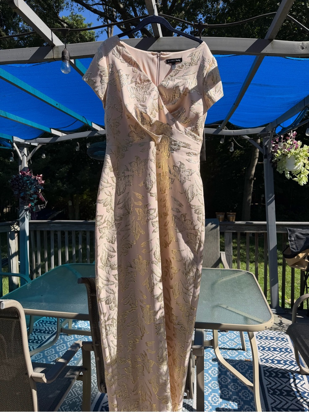 Adrianna Papell Blush Pink Gown with Gold Floral Accents